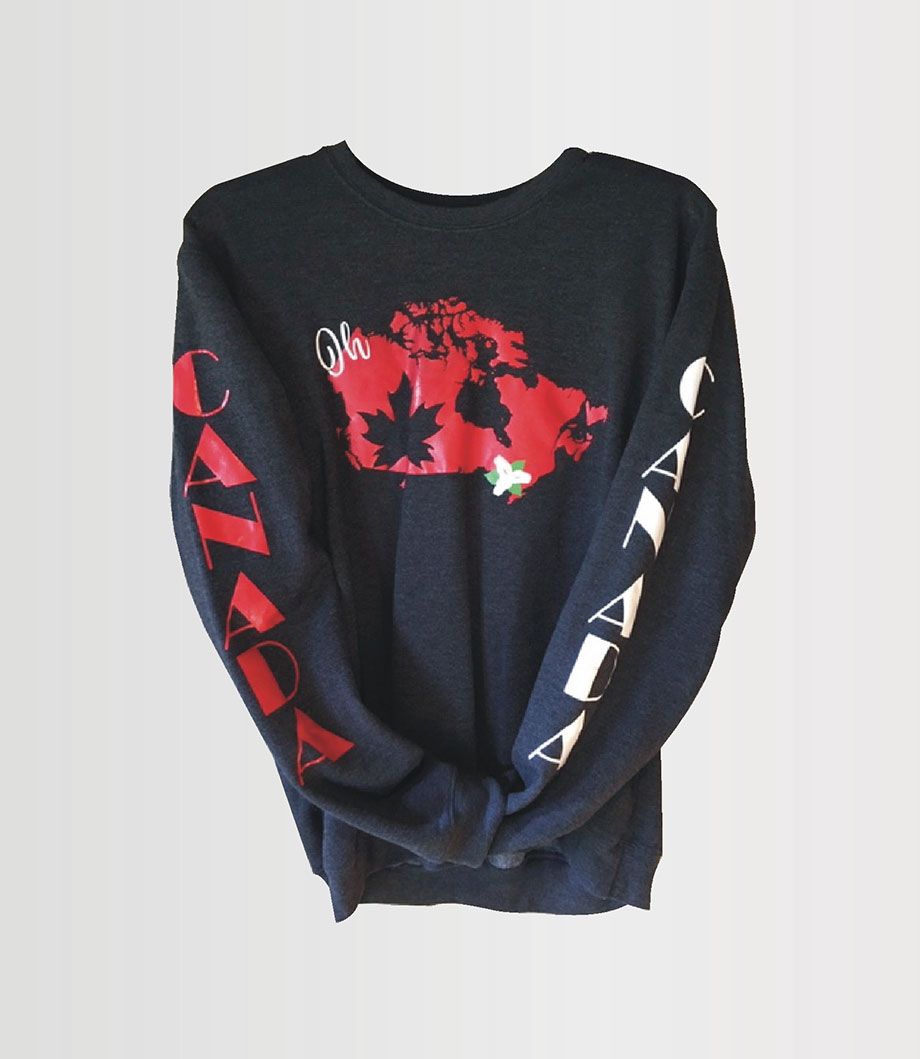 Black sweater with red graphic of Canada
