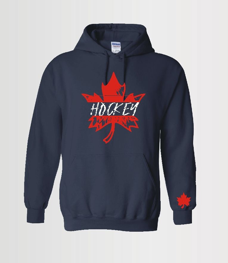 custom hoodie with hockey text and a red maple leaf in Siser HTV on Gildan navy blue hoodie