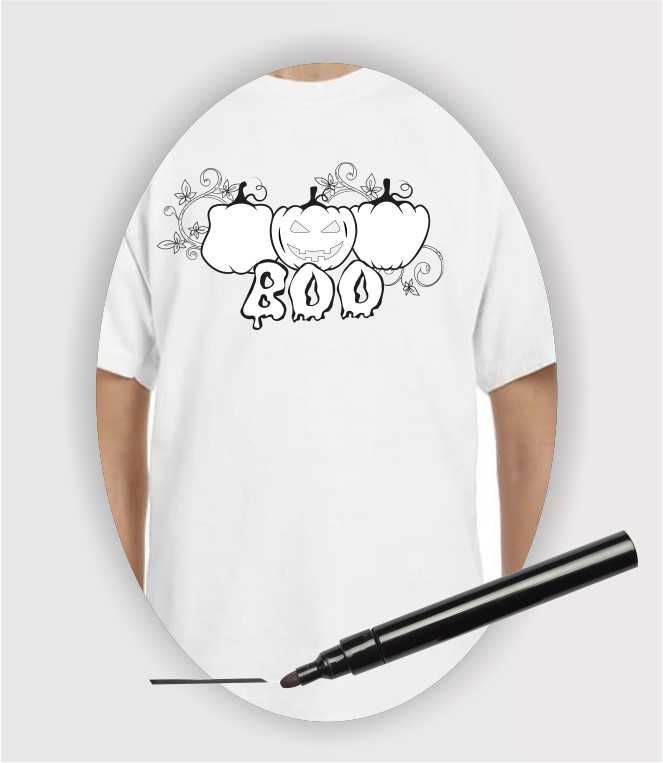 Halloween themed coloring t-shirt with Boo and jack-o-lanterns