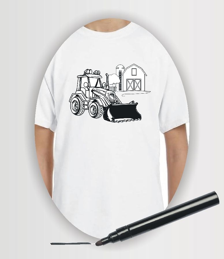 white Gildan youth t-shirt with printed generic loader tractor and farm scene image to colour