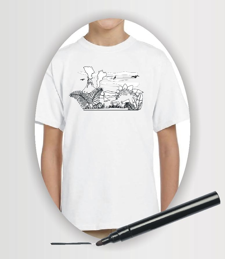 white Gildan youth t-shirt with printed dinosaur image to colour