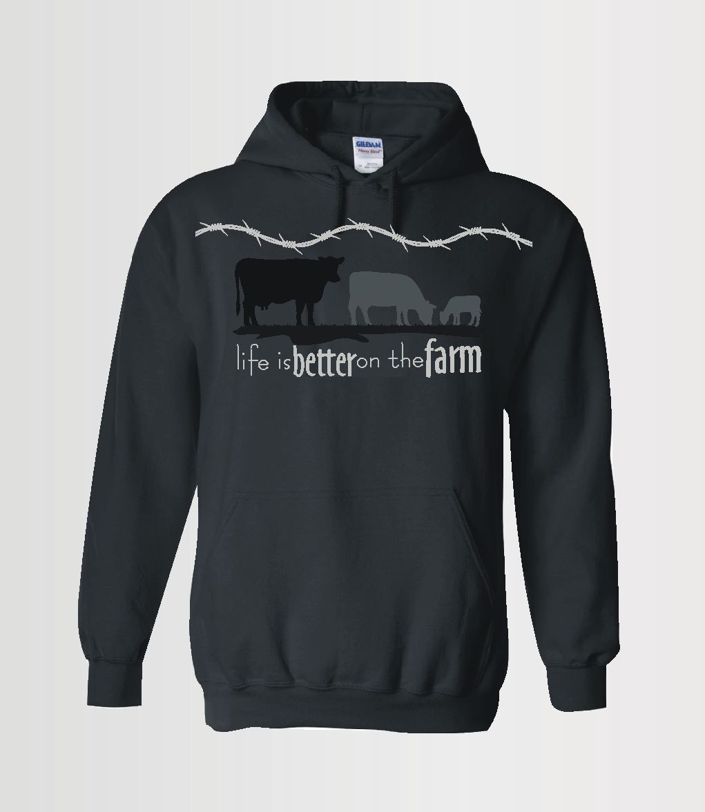 custom hoodie life is better on the farm in silver with three cows grazing and barbwire edge