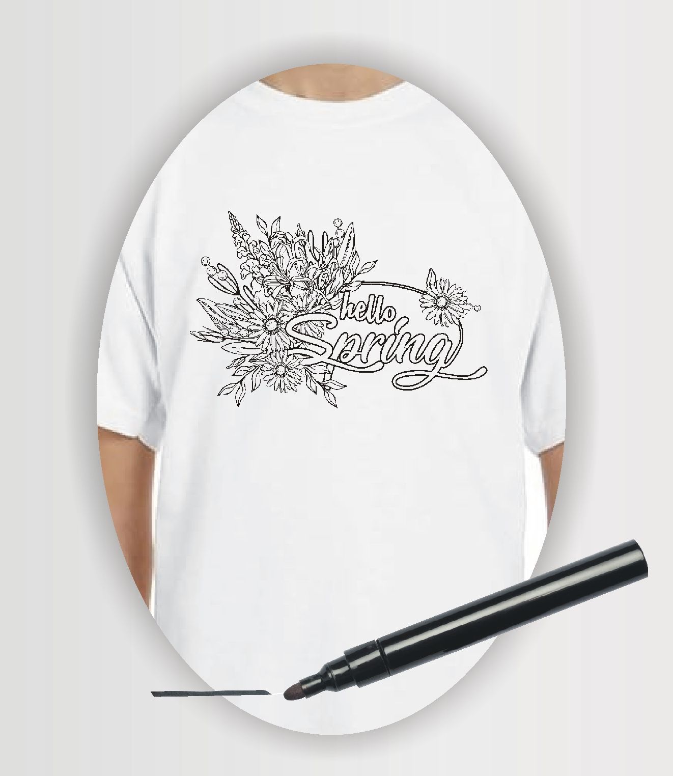Wearable Art colouring t-shirt with "hello Spring" and a collection of flowers on a white t-shirt