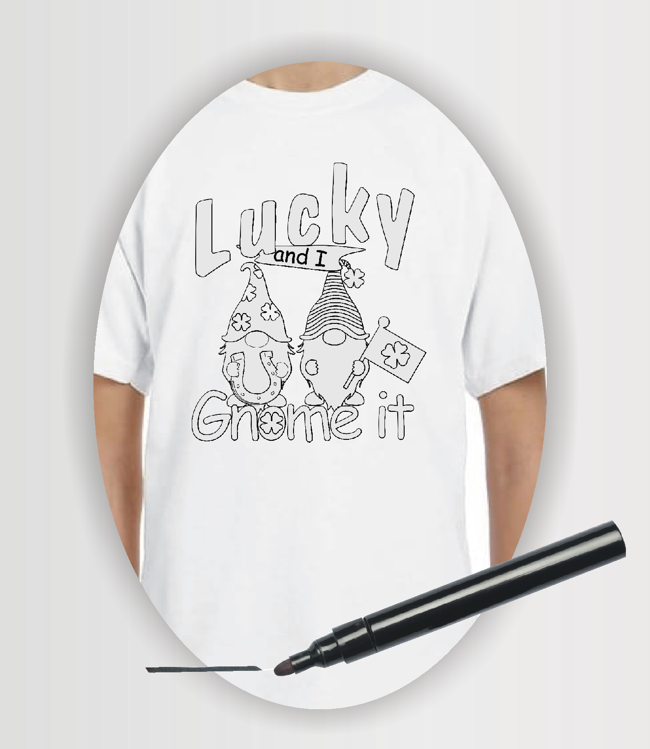 Wearable Art colouring t-shirt with "lucky and I gnome it" and two gnomes