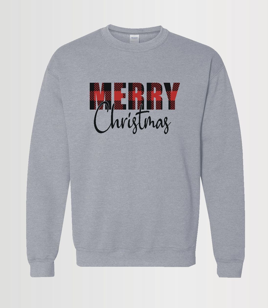Custom sport grey crew neck with Merry in Siser plaid and Christmas in Siser black