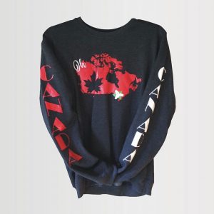 Black sweater with red graphic of Canada