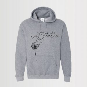 custom Gildan Sport Grey hoodie with just breathe text and dandelion fluff in Siser HTV