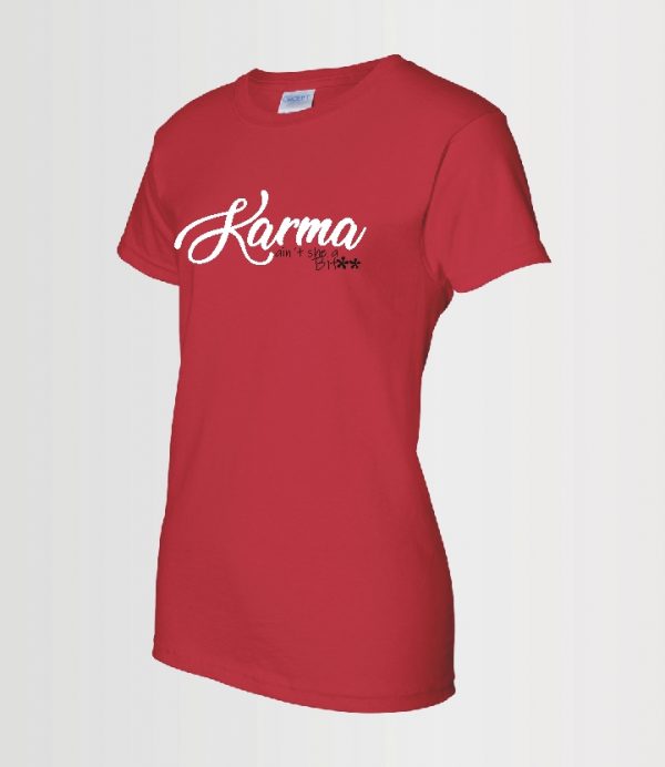 custom design t-shirt "Karma" done in Siser HTV on Gildan red t-shirt