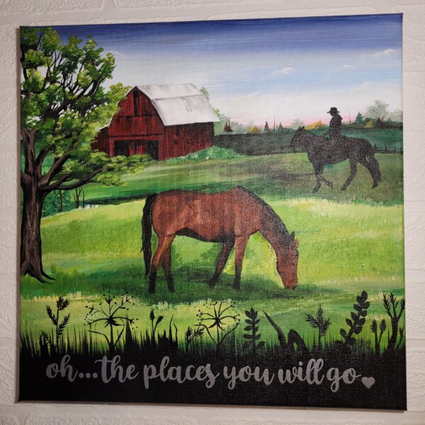 folk art acrylic painting with brown horse in for ground and silhouette horse and rider with red barn in background