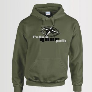 Army green Gildan hoodie with follow your path and compass graphic