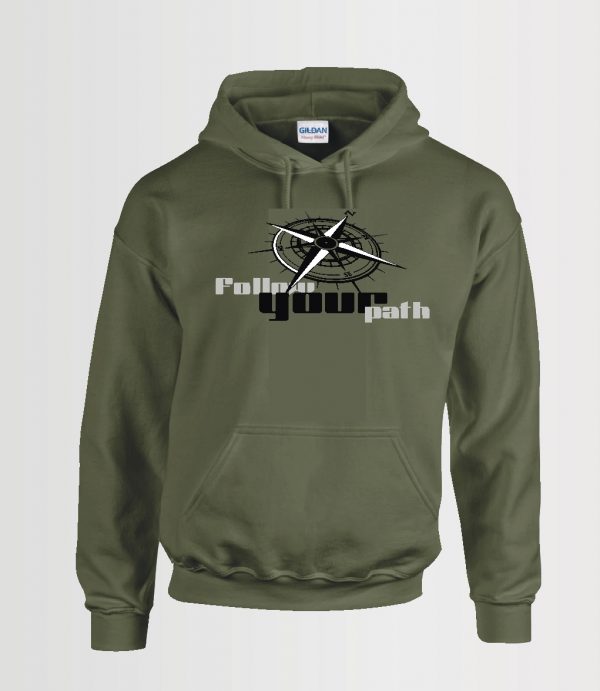 Army green Gildan hoodie with follow your path and compass graphic