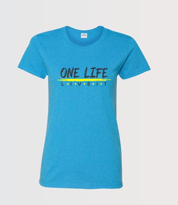 Inspirational ladies custom graphic t-shirt with one life live it on the front in black with a yellow splatter on sapphire blue t-shirt
