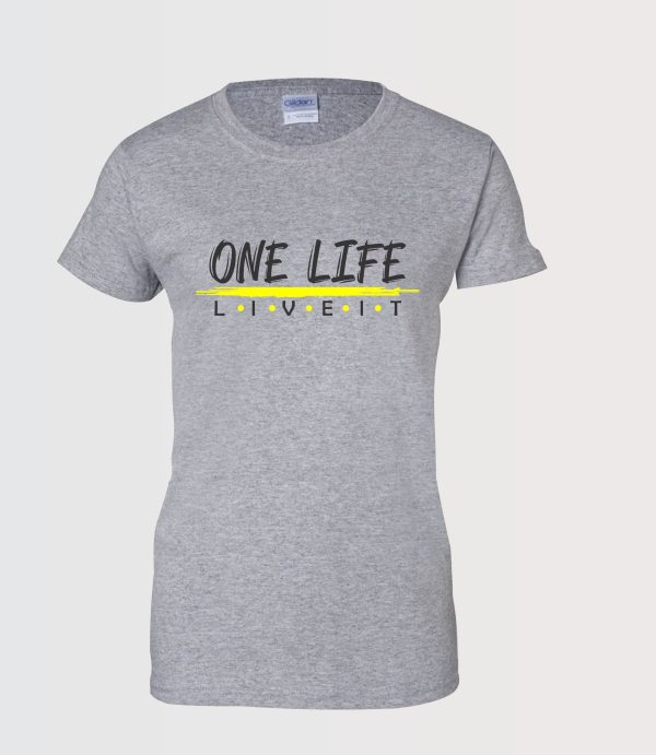 Inspirational graphic t-shirt ladies sport grey with one life live it on the front in black with yellow splatter