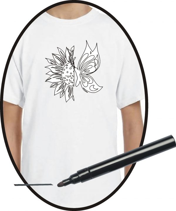 sunflower and decorative butterfly colouring t-shirt