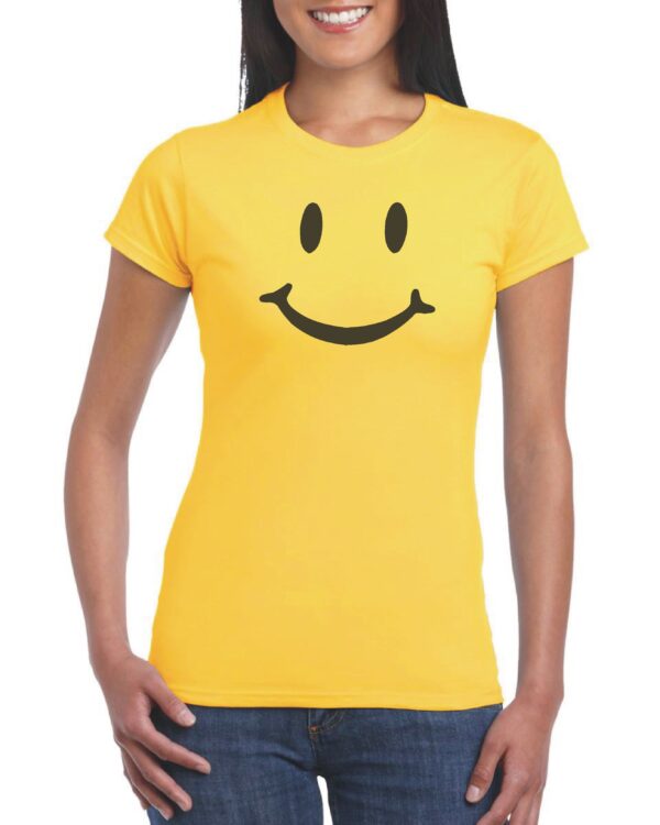 smiley face emoji on daisy yellow t-shirt ladies