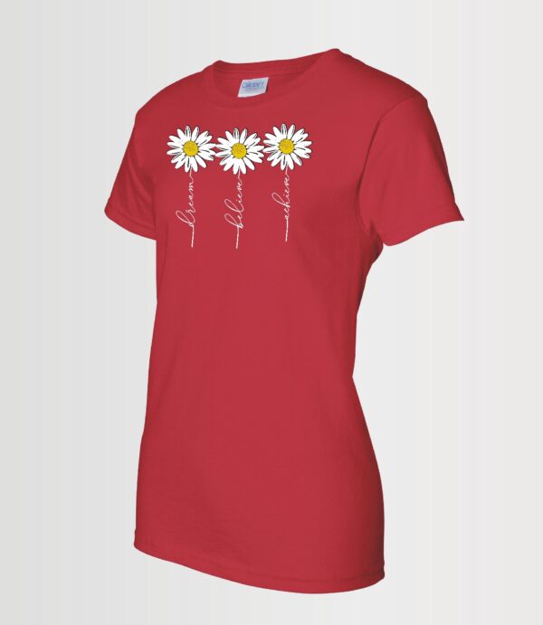 custom red t-shirt with dream believe achieve whimsical daisies