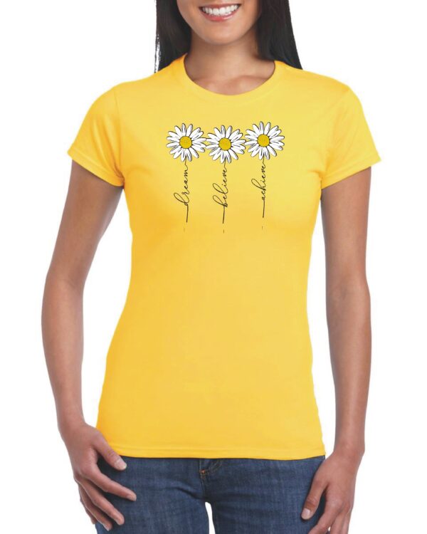 custom daisy yellow t-shirt with dream believe achieve whimsical daisies