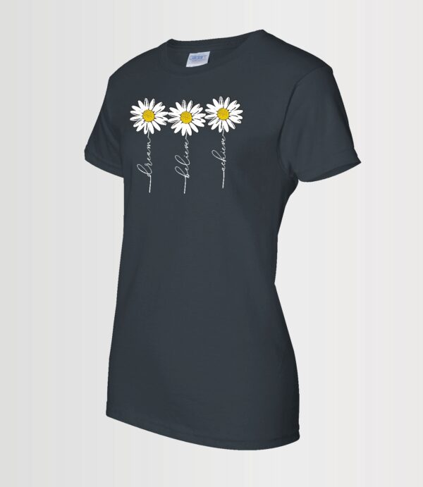 custom black t-shirt with dream believe achieve whimsical daisies