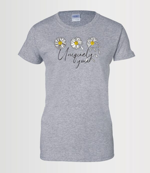 custom designed Uniquely you text with three whimsical daisy inspirational t-shirt sport grey