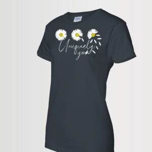 custom designed Uniquely you text with three whimsical daisy inspirational t-shirt black