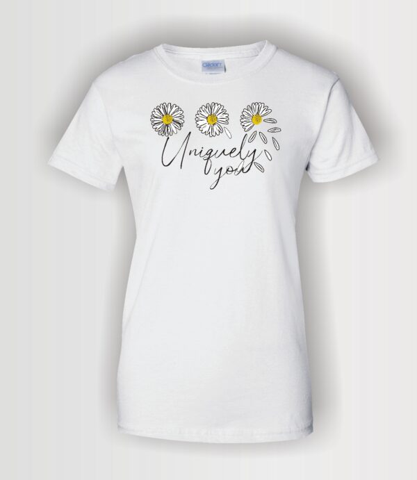 custom designed Uniquely you text with three whimsical daisy inspirational t-shirt white