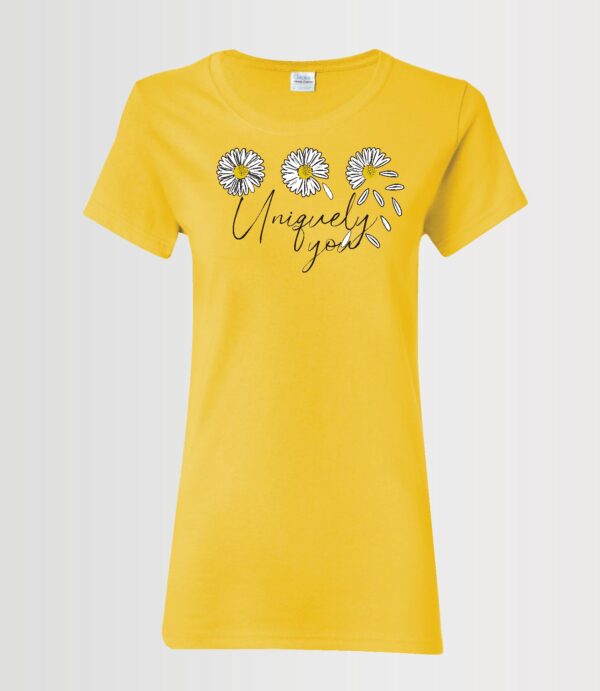custom designed Uniquely you text with three whimsical daisy inspirational t-shirt daisy yellow