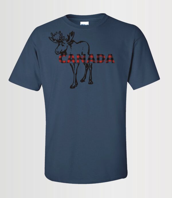custom design unisex t-shirt with a moose graphic and Canada text in red plaid on navy blue