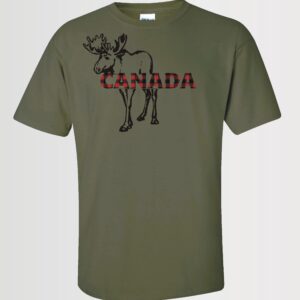 custom design unisex t-shirt with a moose graphic and Canada text in red plaid on military greenose