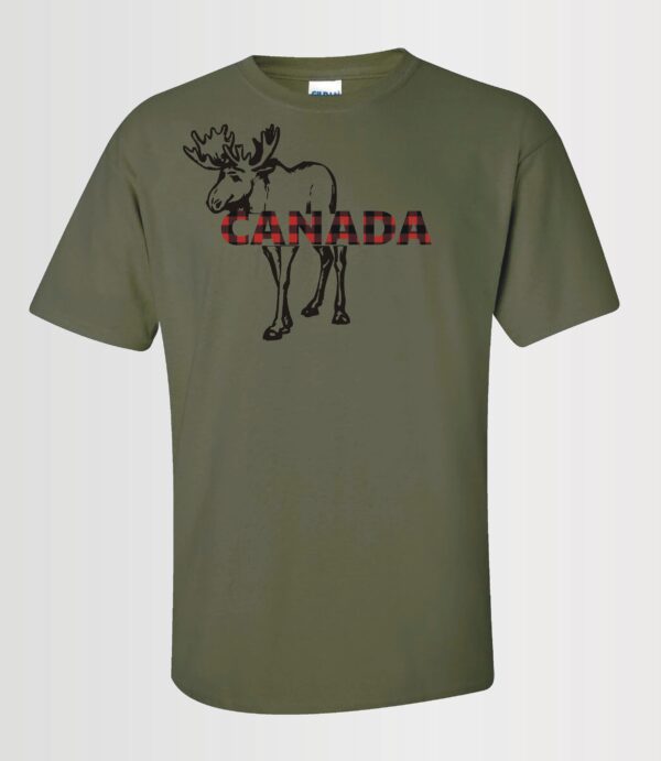 custom design unisex t-shirt with a moose graphic and Canada text in red plaid on military greenose