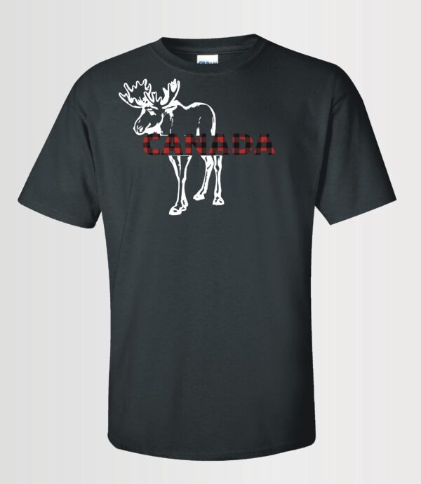 custom design unisex t-shirt with a moose graphic and Canada text in red plaid on black