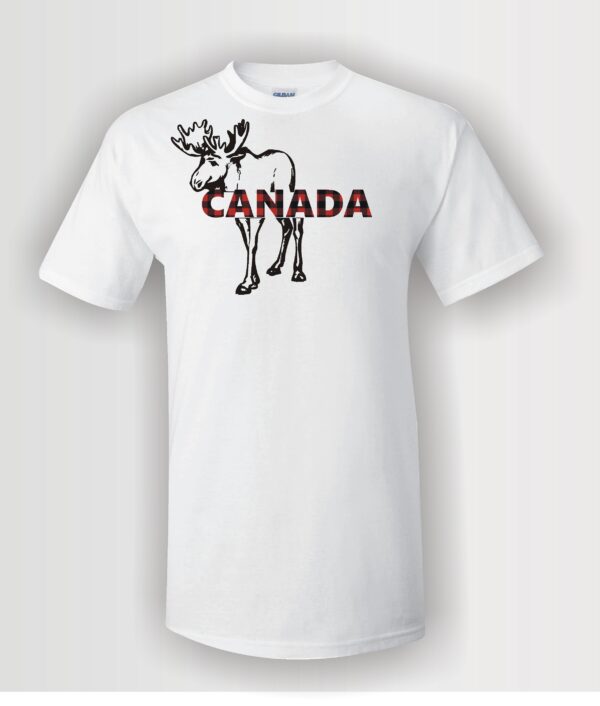 custom design unisex t-shirt with a moose graphic and Canada text in red plaid on white