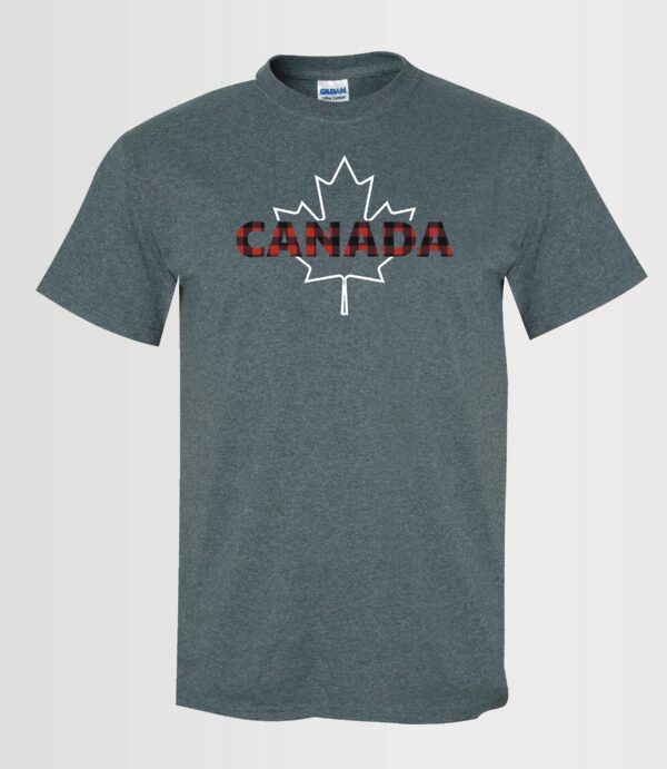 custom design unisex t-shirt with red plaid Canada text and white maple leaf on dark heatherleaf