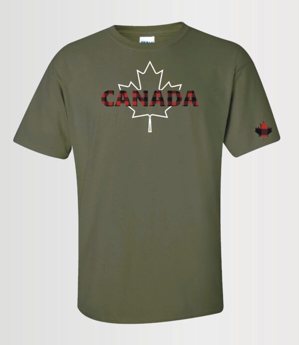 custom design unisex t-shirt with red plaid Canada text and white maple leaf on military greenleaf