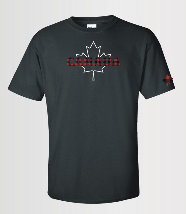 custom design unisex t-shirt with red plaid Canada text and white maple leaf on black