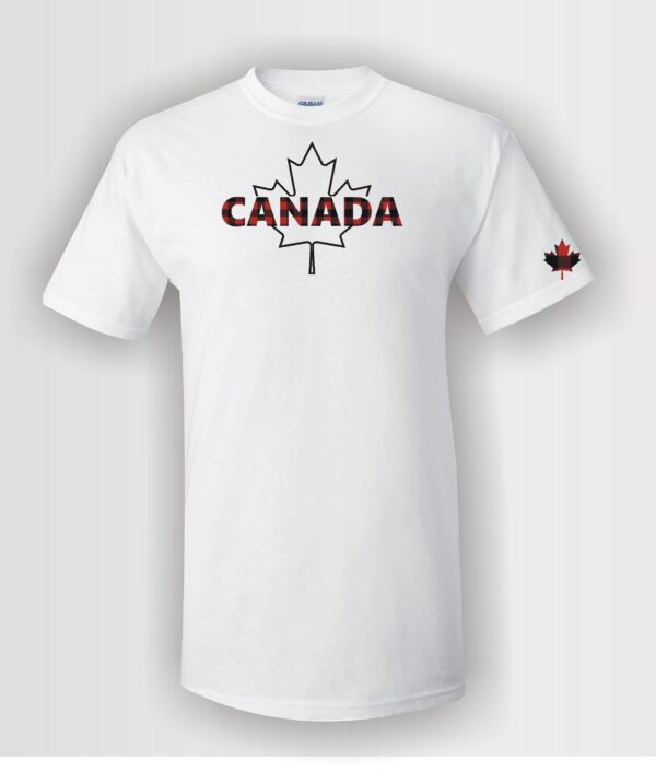 custom design unisex t-shirt with red plaid Canada text and black maple leaf on white