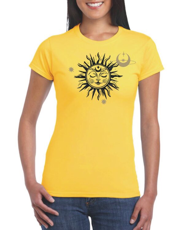 custom design t-shirt with mystical sun and moon done in glitter black and gold on daisy yellow