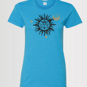 custom design t-shirt with mystical sun and moon done in glitter black and gold on