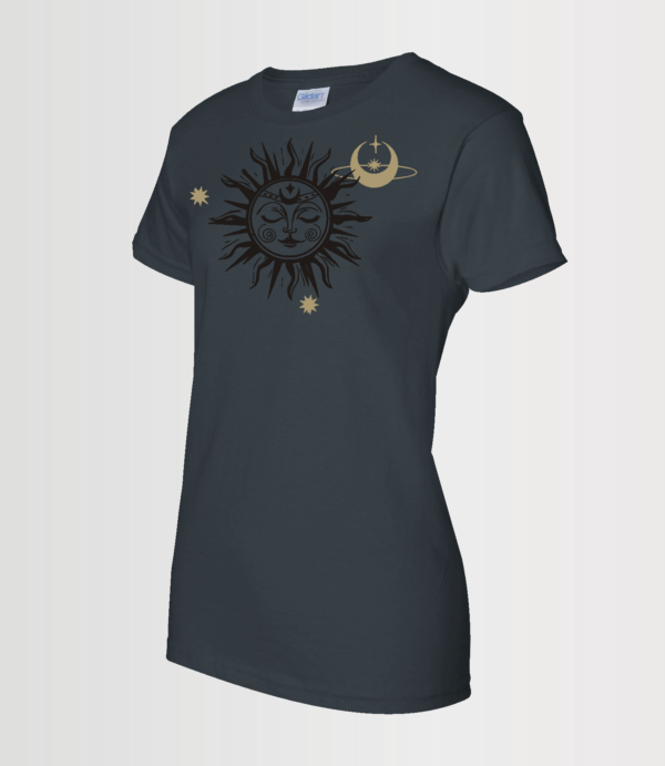 custom design t-shirt with mystical sun and moon done in glitter black and gold on black