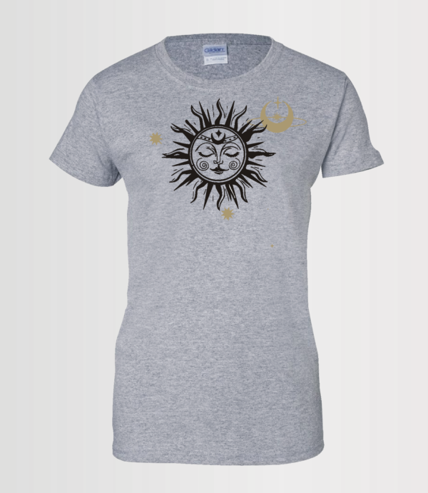 custom design t-shirt with mystical sun and moon done in glitter black and gold on sport greyqq