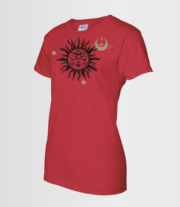 custom design t-shirt with mystical sun and moon done in glitter black and gold on red