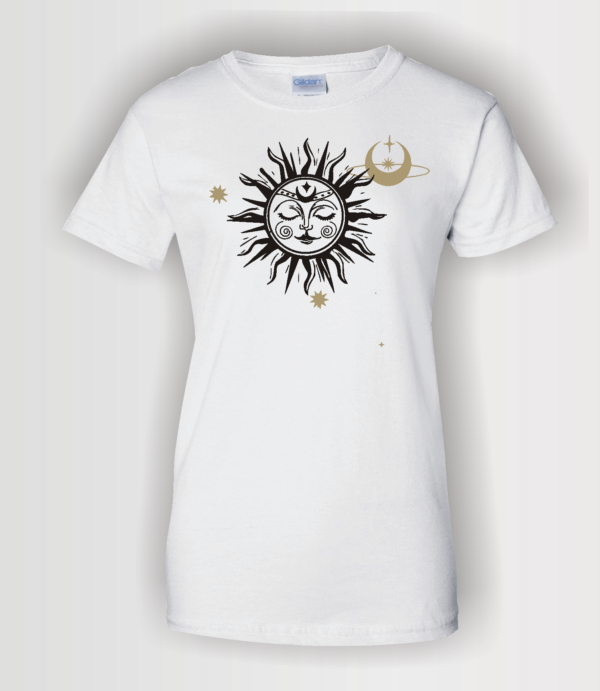 custom design t-shirt with mystical sun and moon done in glitter black and gold on white