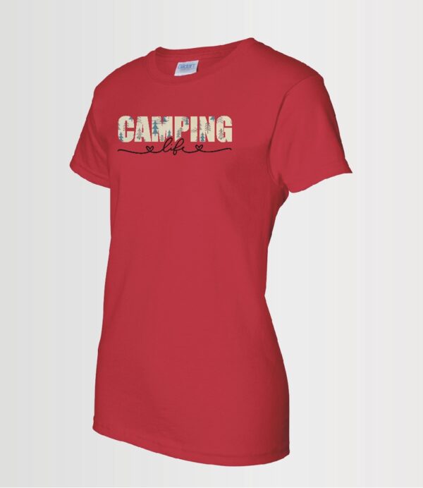 custom design sublimation print decal "camping life" with Siser brand vinyl on Gildan red t-shirt
