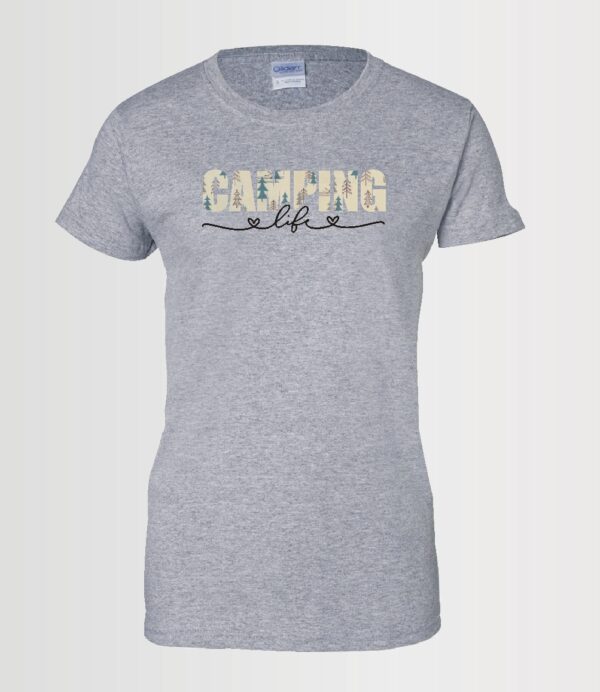 custom design sublimation print decal "camping life" with Siser brand vinyl on Gildan sport grey t-shirt
