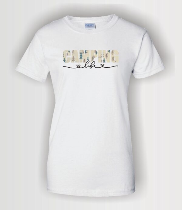 custom design sublimation print decal "camping life" with Siser brand vinyl on Gildan white t-shirt