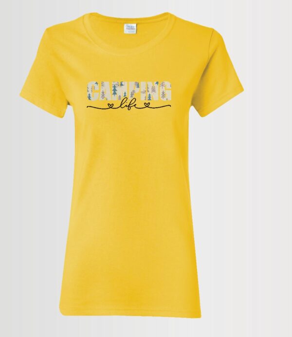 custom design sublimation print decal "camping life" with Siser brand vinyl on Gildan yellow t-shirt