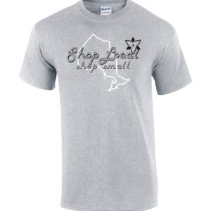 unisex shop local promotion t-shirt with Siser HTV applied to Gildan sport grey t-shirt