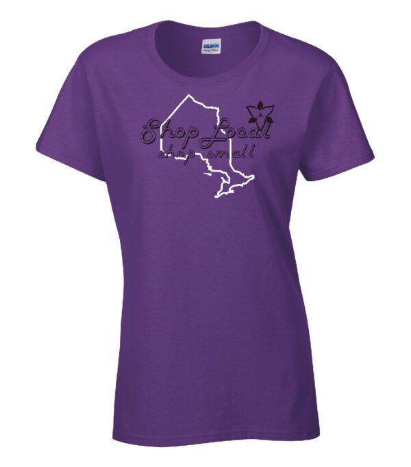shop local promotion shirt with Siser HTV applied to purple Gildan t-shirt
