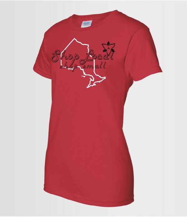 shop local promotion t-shirt with Siser HTV applied on red Gildan ladies t-shirt