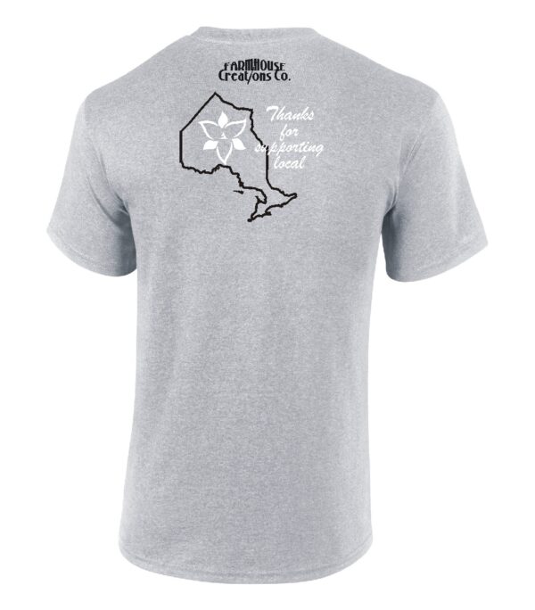 back view shop local promotional unisex t-shirt with Siser HTV applied to Gildan sport grey t-shirt