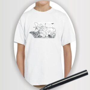 white Gildan youth t-shirt with printed dinosaur image to colour